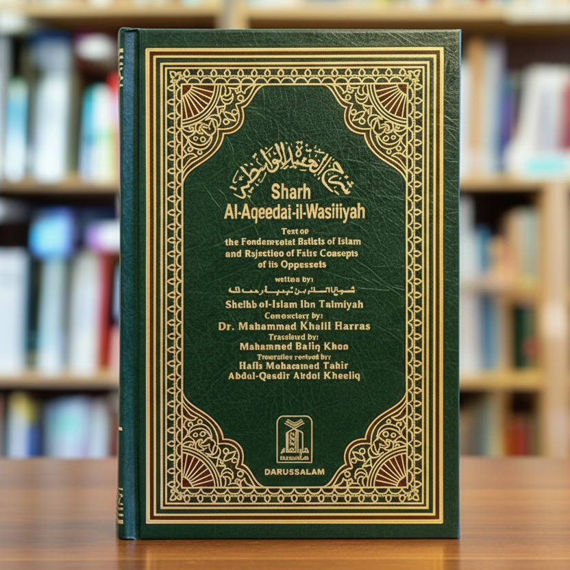 Cover of Sharh Al-Aqeedat-il-Wasitiyyah by Ibn Taymiyyah with commentary by Dr. Muhammad Khalil Harras, dark green and gold decorative border