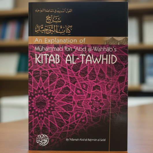 Book cover of "An Explanation of Kitab Al-Tawhid" by Shaykh Abdul Rahman Al-Sa’di in English with Arabic title and geometric design
